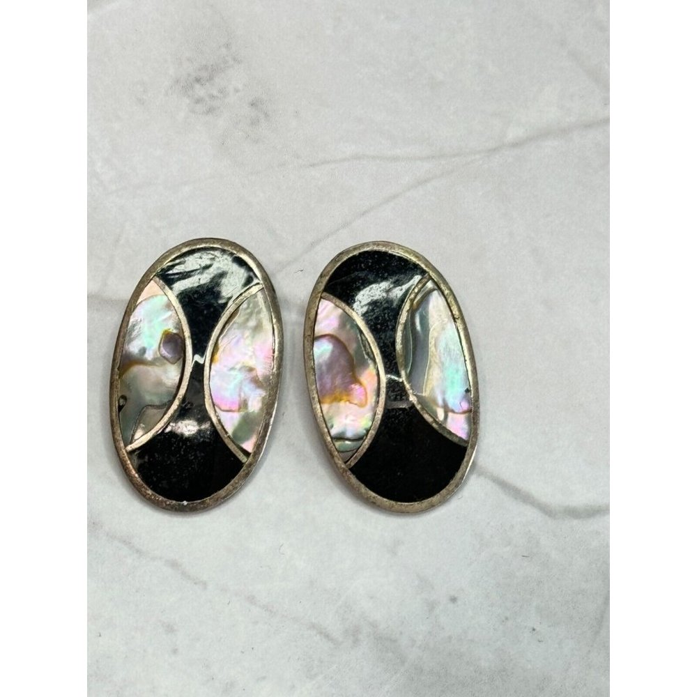 Vintage Southwestern Inlaid Abalone and Onxy Alpaca Clip On Earrings Mexico - Picture 2 of 6